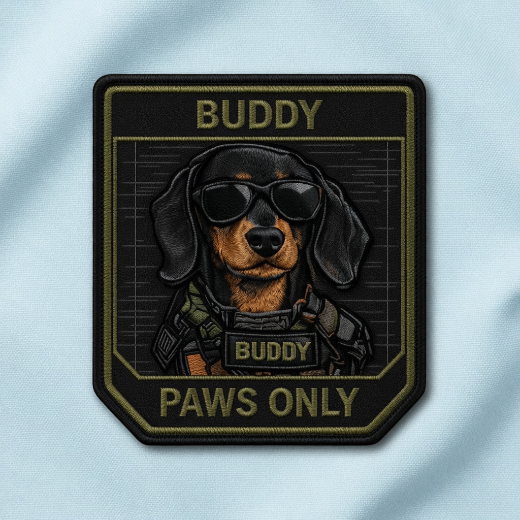 Buddy — black-and-tan tactical dachshund with signature sunglasses. Stylized PAWS ONLY unit portrait.