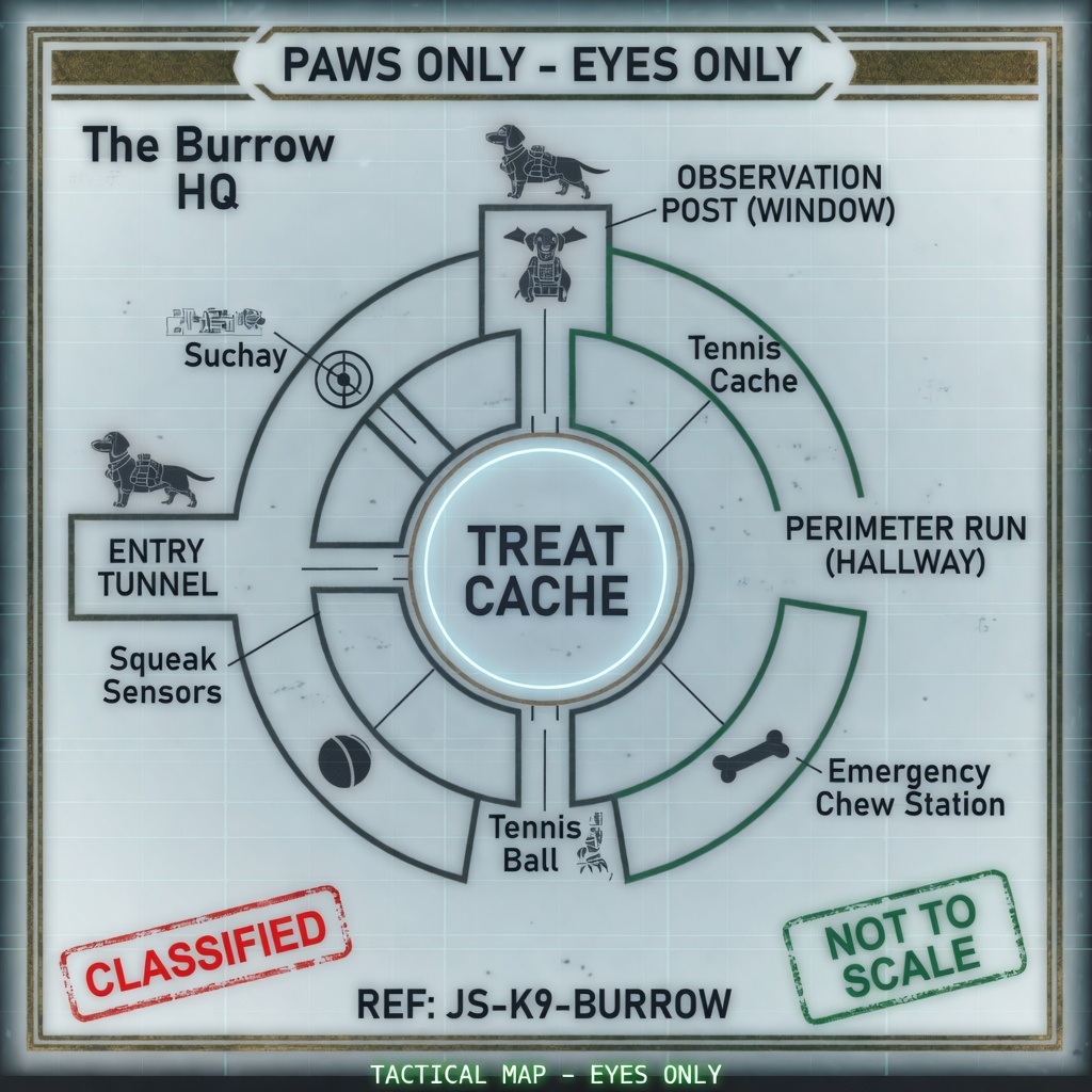 The Burrow HQ tactical map — treat cache, tunnels, perimeter run, observation post