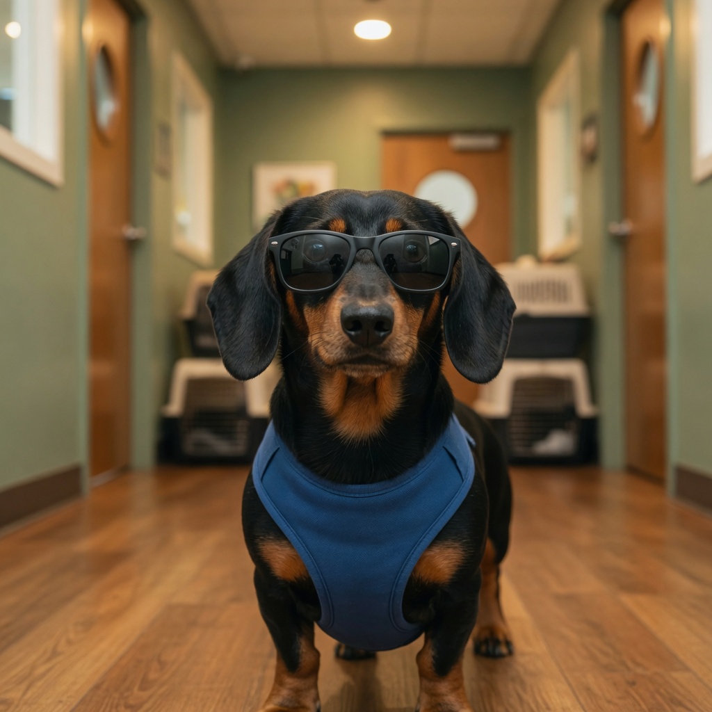 Buddy, a black and tan dachshund in a blue staff harness