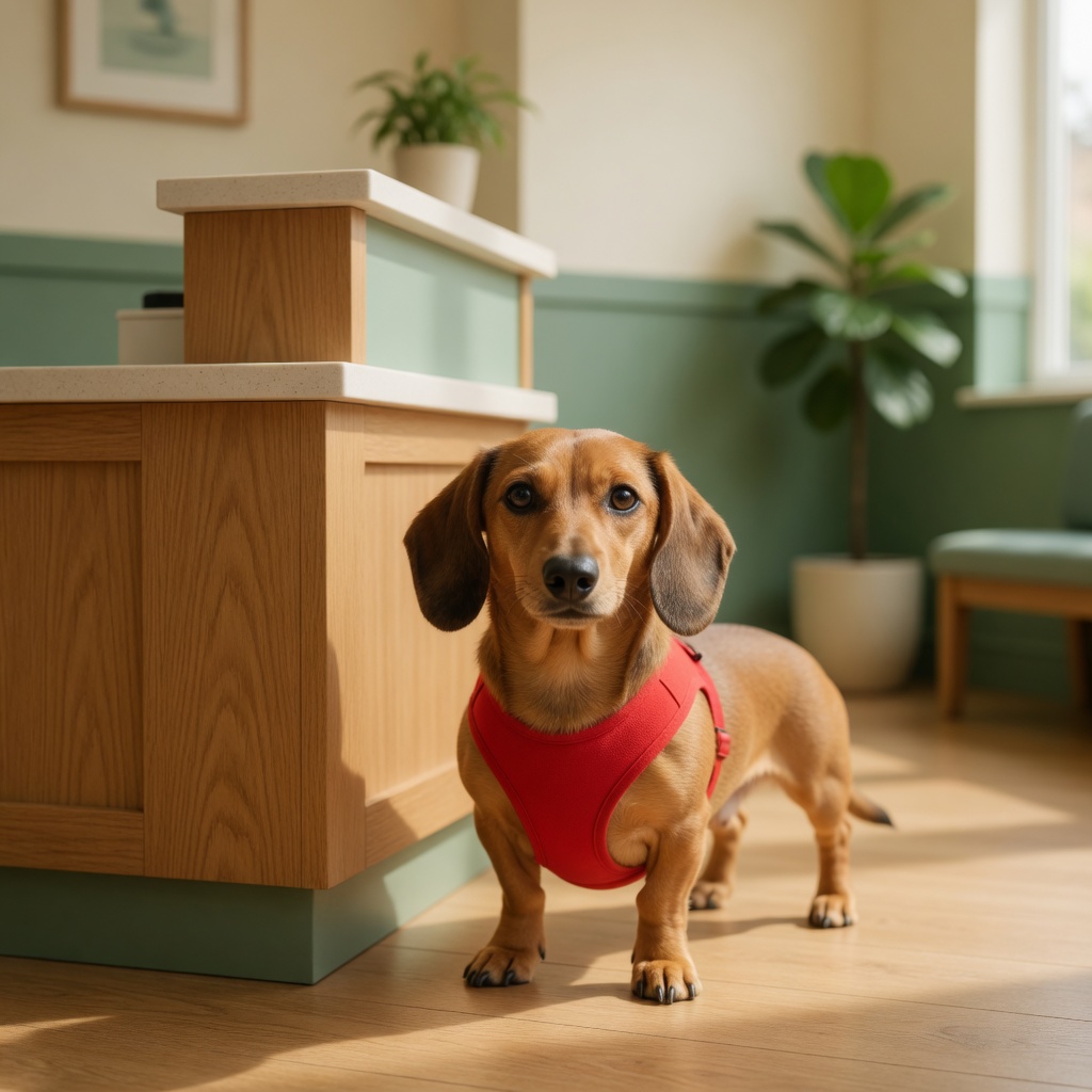 LT, a tan dachshund in a red staff harness at the clinic desk