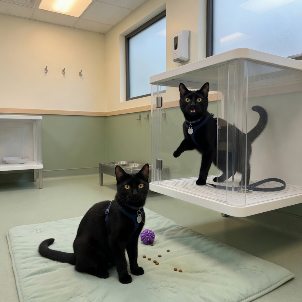Luna and Freya, two black cats in the feline boarding wing