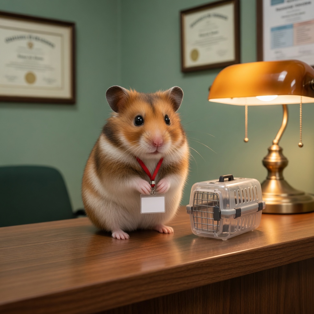 Rhino, a golden hamster with a staff lanyard on the check-in counter