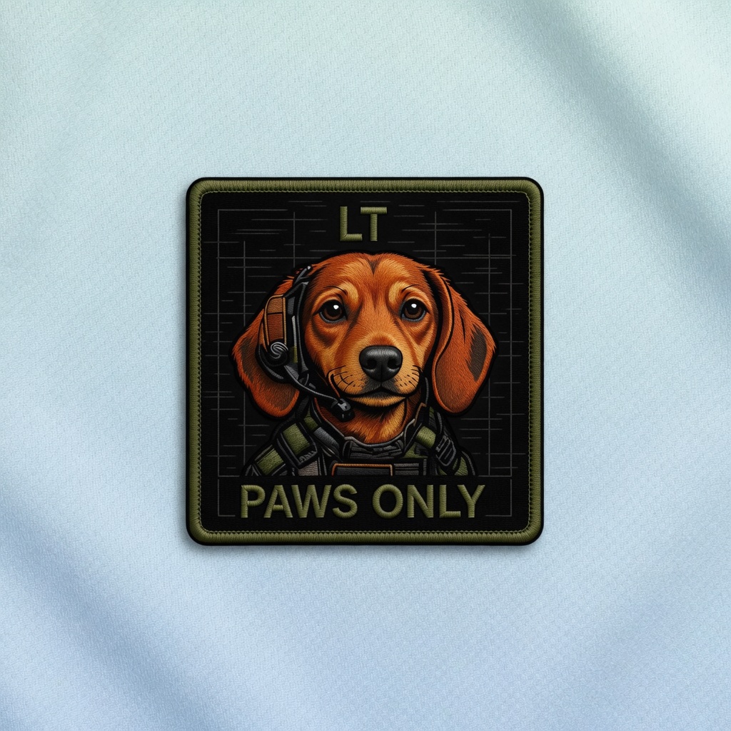 LT — red tactical dachshund, comms specialist with headset. Stylized PAWS ONLY unit portrait.