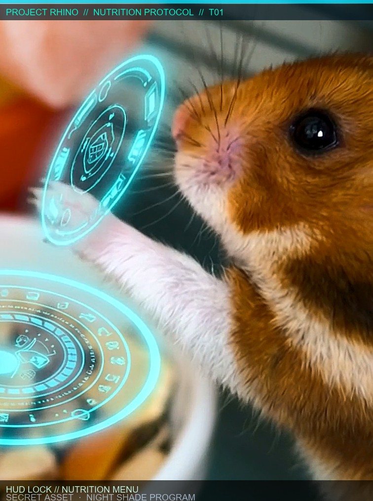 Rhino using cyan holographic HUD interface over a food bowl
