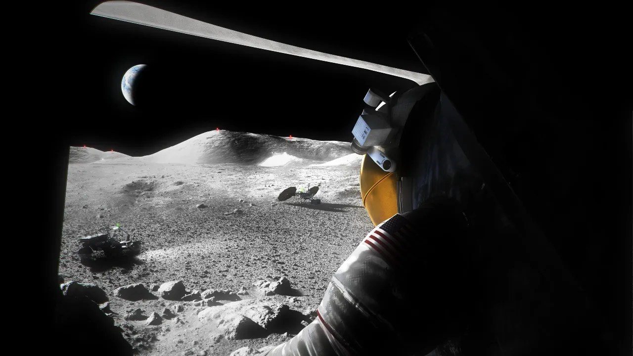 Illustration of Artemis astronaut viewing lunar surface from lander hatch