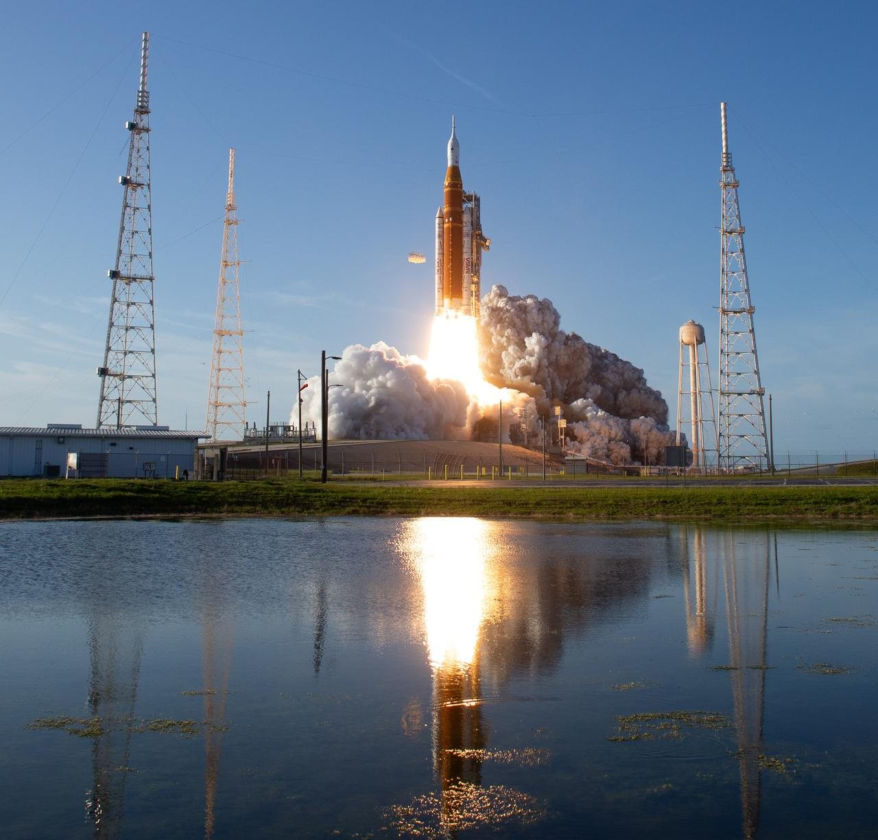 NASA SLS rocket launching Orion on Artemis II from Kennedy Space Center