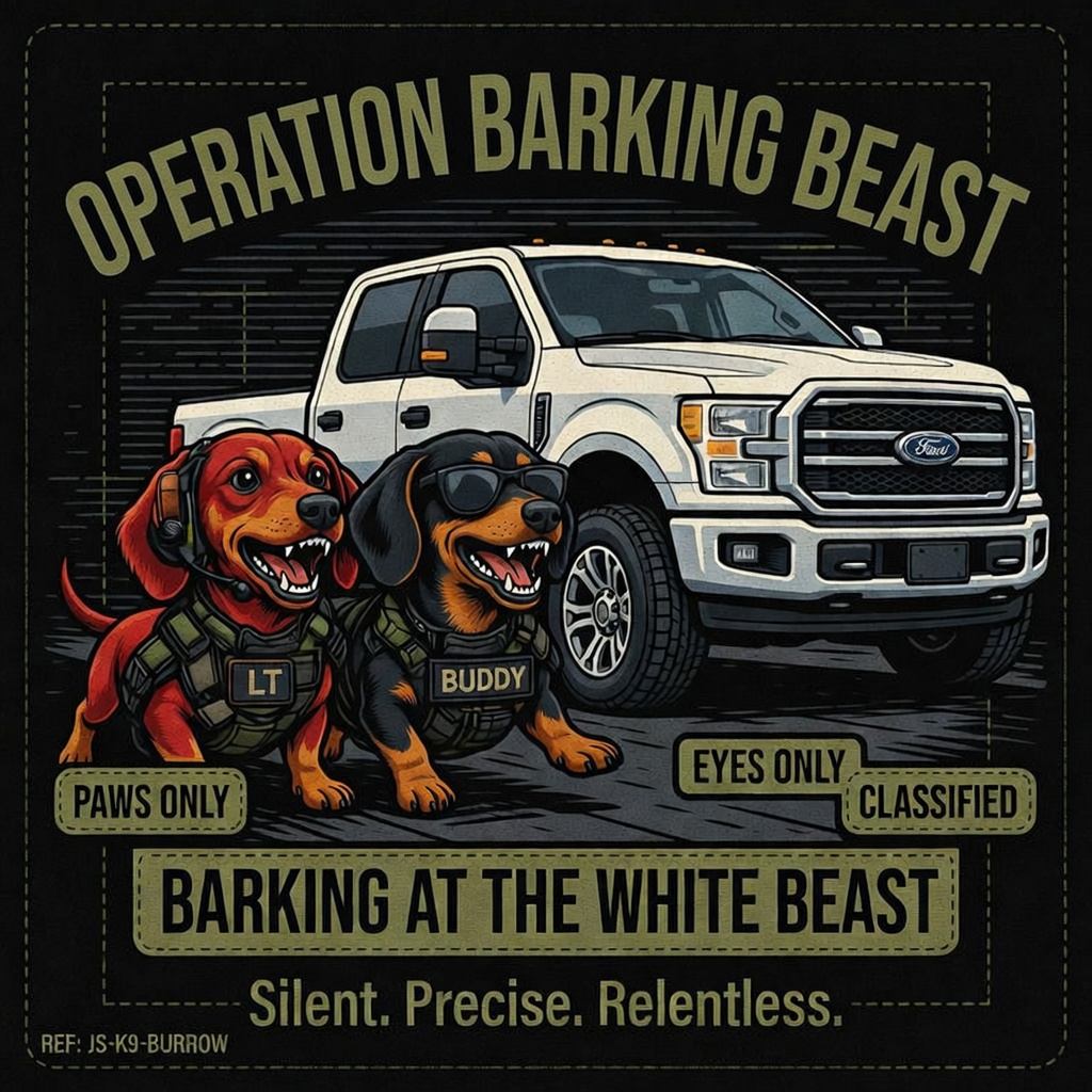 Operation Barking Beast — unit barking at oversized white Ford pickup truck. Stylized PAWS ONLY mission poster.