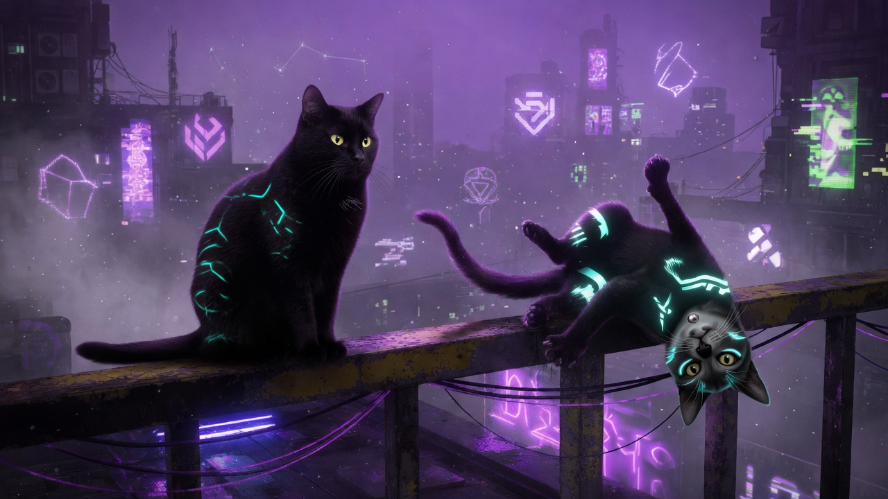 Luna and Freya on a neon rooftop — both black cats with tribal markings