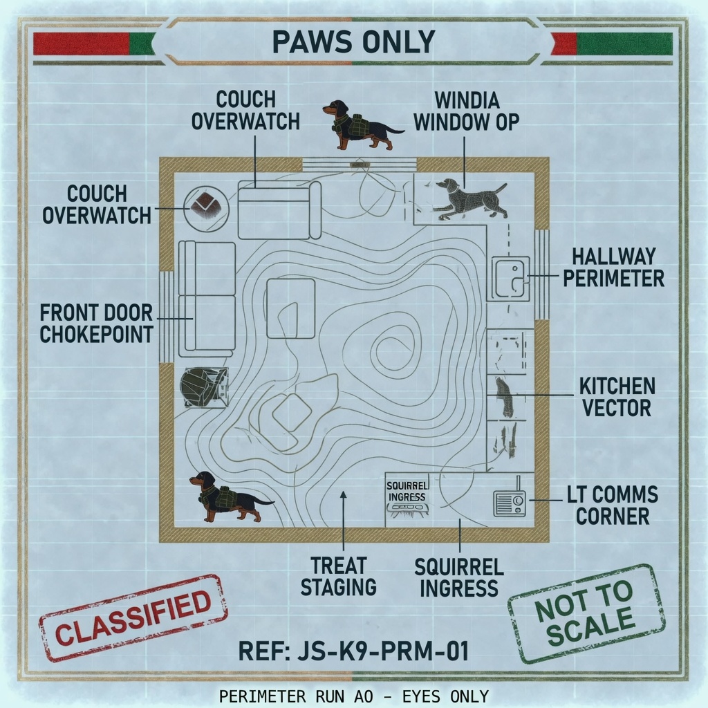 Perimeter Run AO map — living room threat overlay with couch overwatch, door chokepoint, window OP, hallway, kitchen vector