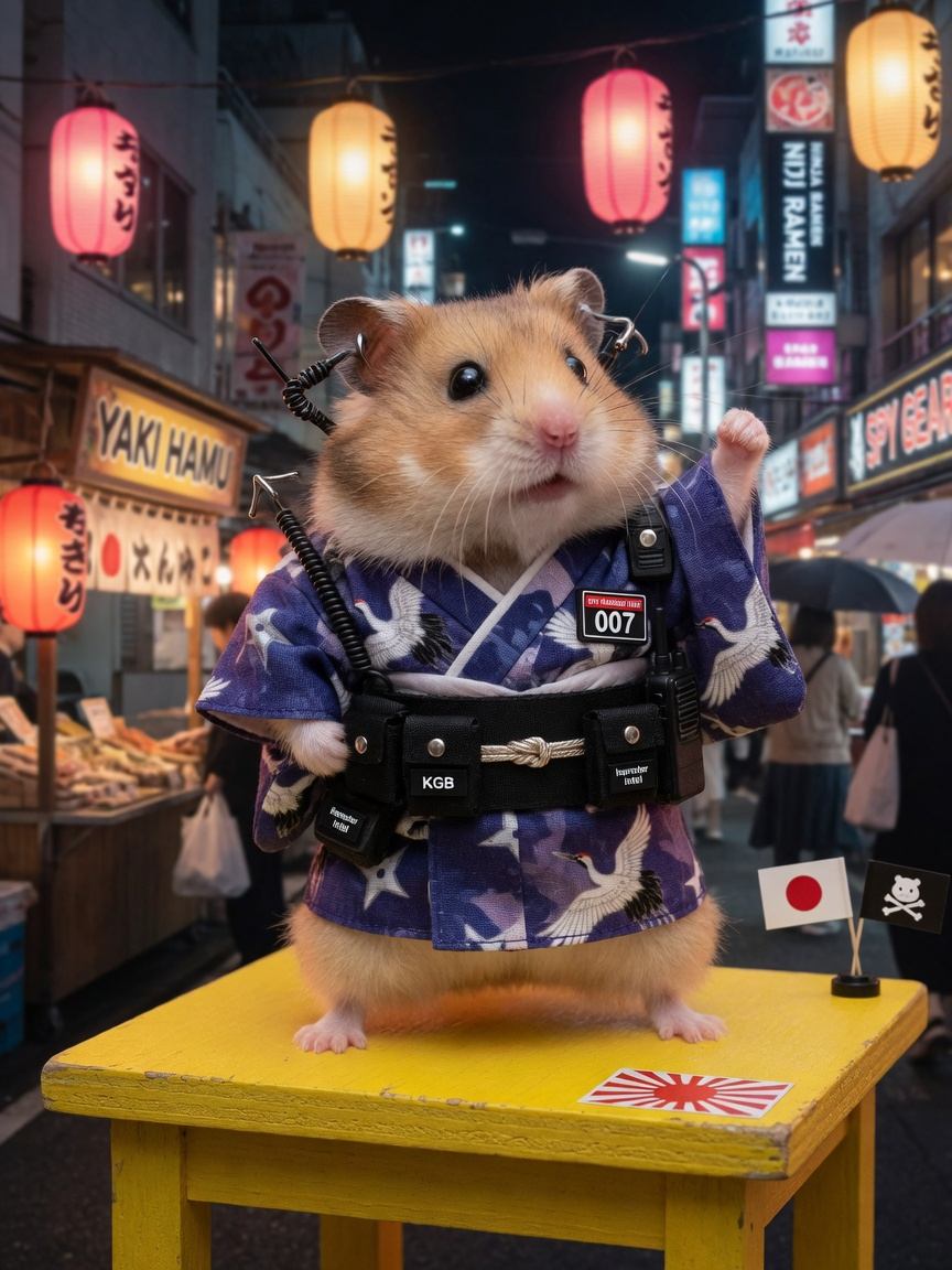 Rhino the hamster wearing a traditional Japanese kimono with tactical modifications during cultural camouflage training